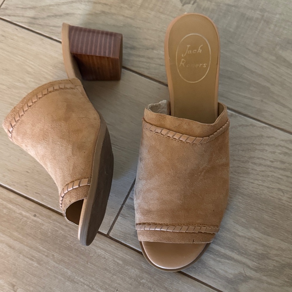 Jack Rogers Women's Brown Suede stacked chunky heel Mule Slides